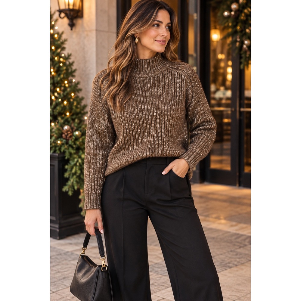 NWT Metallic Bronze Chunky Knit Mock Neck Holiday Sweater Quiet Luxury Chic Sz M